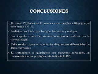 CONCLUSIONES
• El tumor Phyllodes de la mama es una neoplasia fibroepitelial
rara menos del 1%.
• Se dividen en 3 sub tipos benigno, borderline y maligno.
• Sus sospecha clínica de crecimiento rápido se confirma con la
histopatología.
• Cabe recalcar tener en cuenta los diagnosticos diferenciales de
Tumor phyllodes
• El tratamiento es quirúrgicos con márgenes adecuados, en
recurrencia sin tto quirúrgico esta indicado la RT.
 