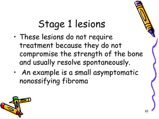 Stage 1 lesionsThese lesions do not require treatment because they do not compromise the strength of the bone and usually resolve spontaneously. An example is a small asymptomatic nonossifying fibroma61
