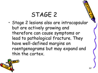 STAGE 2Stage 2 lesions also are intracapsular but are actively growing and therefore can cause symptoms or lead to pathological fracture. They have well-defined margins on roentgenograms but may expand and thin the cortex. 62