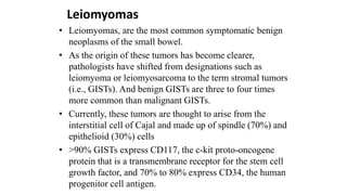 Leiomyomas
• Leiomyomas, are the most common symptomatic benign
neoplasms of the small bowel.
• As the origin of these tumors has become clearer,
pathologists have shifted from designations such as
leiomyoma or leiomyosarcoma to the term stromal tumors
(i.e., GISTs). And benign GISTs are three to four times
more common than malignant GISTs.
• Currently, these tumors are thought to arise from the
interstitial cell of Cajal and made up of spindle (70%) and
epithelioid (30%) cells
• >90% GISTs express CD117, the c-kit proto-oncogene
protein that is a transmembrane receptor for the stem cell
growth factor, and 70% to 80% express CD34, the human
progenitor cell antigen.
 