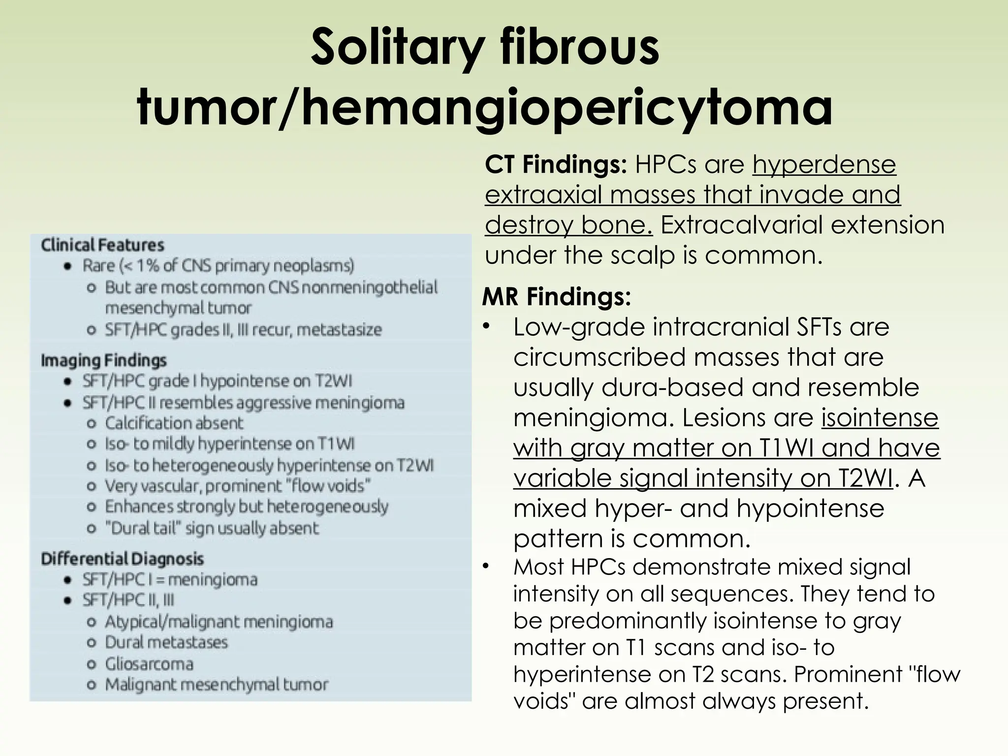 Solitary fibrous
tumor/hemangiopericytoma
CT Findings: HPCs are hyperdense
extraaxial masses that invade and
destroy bone. Extracalvarial extension
under the scalp is common.
MR Findings:
• Low-grade intracranial SFTs are
circumscribed masses that are
usually dura-based and resemble
meningioma. Lesions are isointense
with gray matter on T1WI and have
variable signal intensity on T2WI. A
mixed hyper- and hypointense
pattern is common.
• Most HPCs demonstrate mixed signal
intensity on all sequences. They tend to
be predominantly isointense to gray
matter on T1 scans and iso- to
hyperintense on T2 scans. Prominent "flow
voids" are almost always present.
 