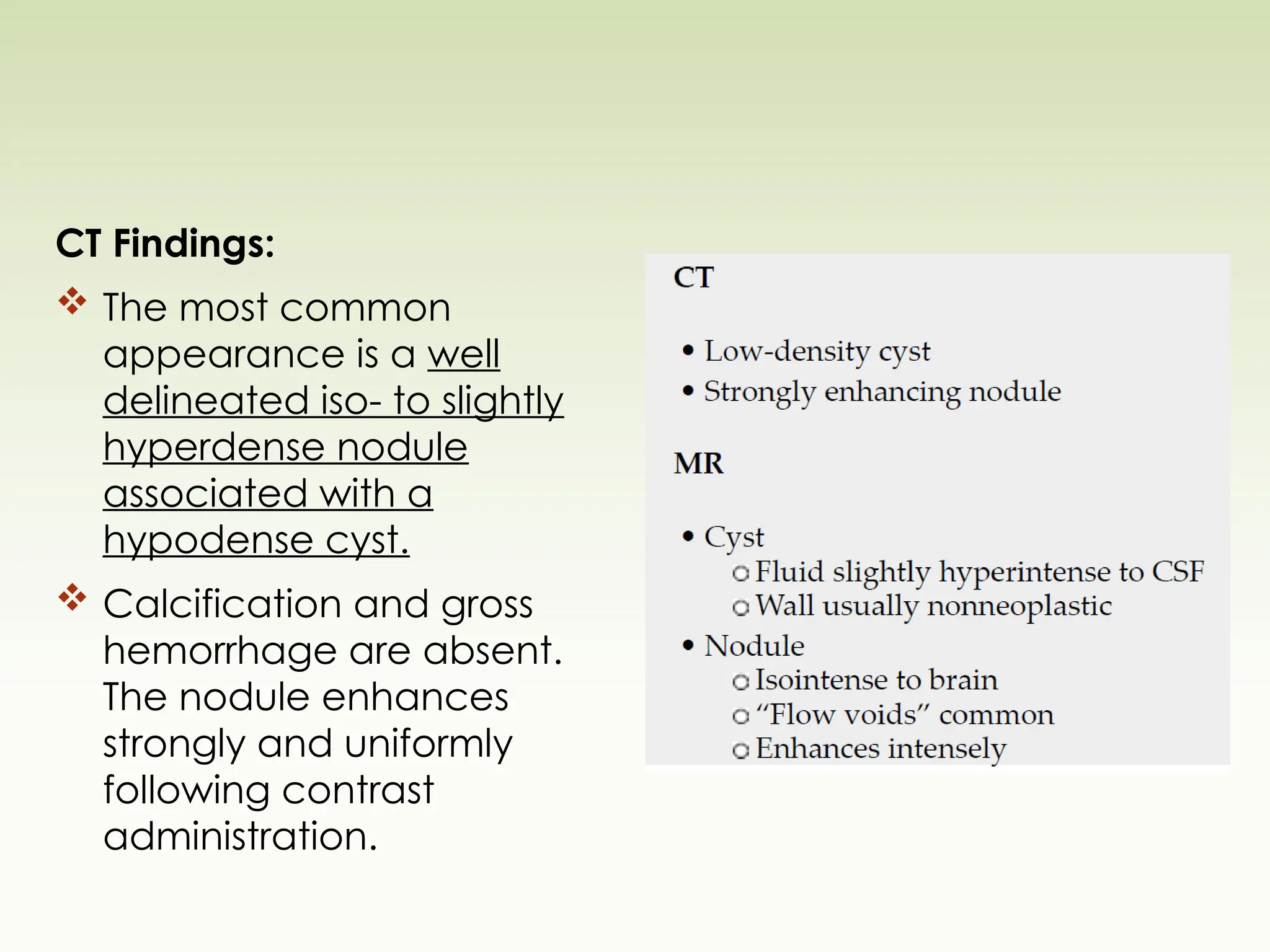 CT Findings:
 The most common
appearance is a well
delineated iso- to slightly
hyperdense nodule
associated with a
hypodense cyst.
 Calcification and gross
hemorrhage are absent.
The nodule enhances
strongly and uniformly
following contrast
administration.
 