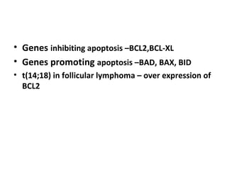 • Genes inhibiting apoptosis –BCL2,BCL-XL
• Genes promoting apoptosis –BAD, BAX, BID
• t(14;18) in follicular lymphoma – over expression of
BCL2
 
