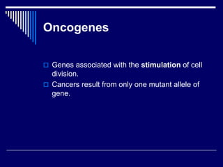 Oncogenes
 Genes associated with the stimulation of cell
division.
 Cancers result from only one mutant allele of
gene.
 