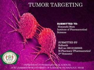 TUMOR TARGETING
SUBMITTED TO-
Himanshi Mam
Institute of Pharmaceutical
Sciences
SUBMITTED BY-
Sidharth
Roll no.190121220005
M.Pharmacy (Pharmaceutics)
2nd Semester
DEPARTMENT OF PHARMACEUTICAL SCIENCES,
GURU JAMBHESHWAR UNIVERSITY OF SCIENCES & TECHNOLOGY, HISAR
 