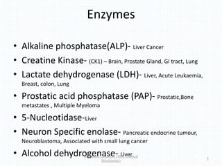 Enzymes
• Alkaline phosphatase(ALP)- Liver Cancer
• Creatine Kinase- (CK1) – Brain, Prostate Gland, GI tract, Lung
• Lactate dehydrogenase (LDH)- Liver, Acute Leukaemia,
Breast, colon, Lung
• Prostatic acid phosphatase (PAP)- Prostatic,Bone
metastates , Multiple Myeloma
• 5-Nucleotidase-Liver
• Neuron Specific enolase- Pancreatic endocrine tumour,
Neuroblastoma, Associated with small lung cancer
• Alcohol dehydrogenase- LiverHimanshu Upadhyay (MSc. Clinical
Biochemist.)
5
 