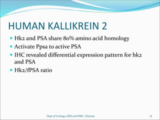 HUMAN KALLIKREIN 2
 Hk2 and PSA share 80% amino acid homology
 Activate Ppsa to active PSA
 IHC revealed differential expression pattern for hk2
and PSA
 Hk2/fPSA ratio
16
Dept of Urology, GRH and KMC, Chennai.
 