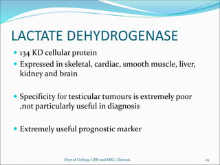 LACTATE DEHYDROGENASE
 134 KD cellular protein
 Expressed in skeletal, cardiac, smooth muscle, liver,
kidney and brain
 Specificity for testicular tumours is extremely poor
,not particularly useful in diagnosis
 Extremely useful prognostic marker
25
Dept of Urology, GRH and KMC, Chennai.
 