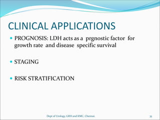 CLINICAL APPLICATIONS
 PROGNOSIS: LDH acts as a prgnostic factor for
growth rate and disease specific survival
 STAGING
 RISK STRATIFICATION
35
Dept of Urology, GRH and KMC, Chennai.
 