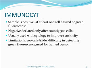 IMMUNOCYT
 Sample is positive –if atleast one cell has red or green
fluorescense
 Negative declared only after countig 500 cells
 Usually used with cytology to improve sensitivity
 Limitations: 500 cells/slide ,difficulty in detecting
green fluorescence,need for trained person
45
Dept of Urology, GRH and KMC, Chennai.
 