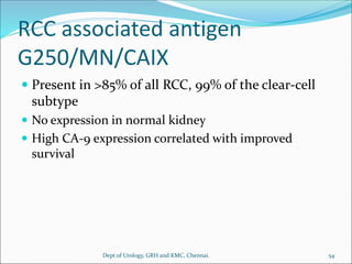 RCC associated antigen
G250/MN/CAIX
 Present in >85% of all RCC, 99% of the clear-cell
subtype
 No expression in normal kidney
 High CA-9 expression correlated with improved
survival
54
Dept of Urology, GRH and KMC, Chennai.
 