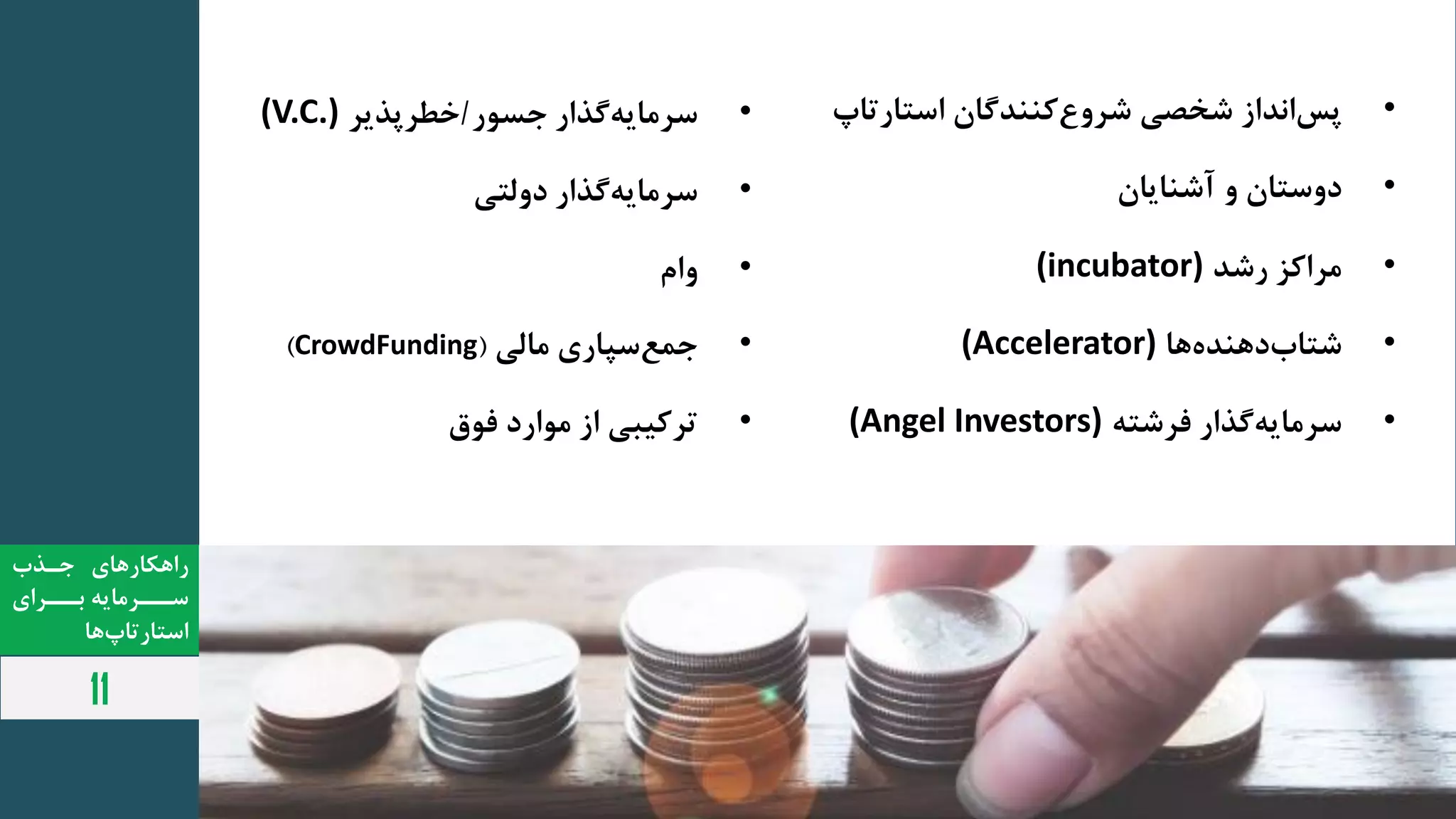 ‫جع‬ ‫ررهکارهای‬
‫بعععدری‬ ‫سعععدمااه‬
‫ها‬‫رستارتاپ‬
11
•‫رندرز‬‫پد‬‫شخص‬‫ان‬ ‫د‬ ‫ک‬‫شدوع‬‫رستارتاپ‬
•‫وستان‬‫و‬‫ااان‬ ‫ش‬
•‫مدرکگ‬‫رشد‬(incubator)
•‫ها‬ ‫د‬ ‫ه‬ ‫شتا‬(Accelerator)
•‫رر‬ ‫سدمااه‬‫دشته‬(Angel Investors)
•‫رر‬ ‫سدمااه‬‫جسور‬/‫اد‬ ‫خطدپ‬(V.C.)
•‫رر‬ ‫سدمااه‬‫ولت‬
•‫ورم‬
•‫سپاری‬‫جمع‬‫مال‬(CrowdFunding)
•‫ب‬ ‫تدک‬‫رز‬‫مورر‬‫وق‬
 