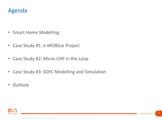 2www.esi-group.com
Copyright © ESI Group, 2016. All rights reserved.
Agenda
• Smart Home Modelling
• Case Study #1: e-MOBILie Project
• Case Study #2: Micro-CHP in the Loop
• Case Study #3: SOFC Modelling and Simulation
• Outlook
 