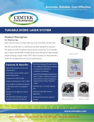 TUNABLE DIODE LASER SYSTEM
Product Description
For Monitoring:
NH3, H2S, HCl, H2S, CO, H2O, HCN, O2, CO2, CH4, HDO, HF, NO, D2O
The TDL Laser Monitor is a continuous monitor designed to measure
flue gases for both compliance and process monitoring. The Controller
uses a Near Infrared (NIR) Tunable Diode Laser Absorption Spectrometer
System utilizing a single mode “DFB” laser mounted in a thermoelectric
cooler for unsurpassed accuracy and performance.
Optics Enclosure
Flow Control
Reflector OpticsLauncher Detector
Performance designed Process Monitor
- Gas sampling/conditioning not required
- Corrosive/toxic applications
- Calibration not required
Exceeds EPA CEMS Regulation requirements
- MACT & MATS ‐ Draft PS‐18 Compliant
- Boiler MACT O2 and CO Compliance
- Approved Zero & Span Calibration
checks
Extremely Fast (<1 second) response
time
Operates in high dust/moisture
applications
Unaffected by stack/duct alignment
changes
Features & Benefits
High sensitivity ppb to percent level
measurements
One analyzer can be used for up to 8
measurement points
Compact and simple to install
Ambient conditions from -400 to 600o
C
Laser located in controller allowing for
simple signal control and diagnostic
access
Moisture can be added as a second
channel
Off Stack/Process extractive option
Hazardous Area Div I & II Options
Environmental
CEMTEK
Arjay Automation, Inc. Burnsville, MN USA (800) 761-1749 www.arjaynet.com
 
