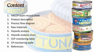 Content
1. HACCP team record sheet
2. Product description
3. Process flow diagram
4. Raw materials
5. Hazards analysis
6. Hazards analysis chart
7. CCP monitoring table
8. CP monitoring table
9. References
2
 