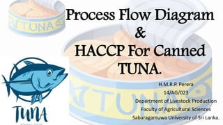 Process Flow Diagram
&
HACCP For Canned
TUNA.
H.M.R.P. Perera
14/AG/023
Department of Livestock Production
Faculty of Agricultural Sciences
Sabaragamuwa University of Sri Lanka.
 