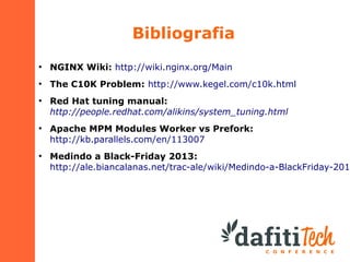 Bibliografia
●

NGINX Wiki: http://wiki.nginx.org/Main

●

The C10K Problem: http://www.kegel.com/c10k.html

●

●

●

Red Hat tuning manual:
http://people.redhat.com/alikins/system_tuning.html
Apache MPM Modules Worker vs Prefork:
http://kb.parallels.com/en/113007

Medindo a Black-Friday 2013:
http://ale.biancalanas.net/trac-ale/wiki/Medindo-a-BlackFriday-2013

 