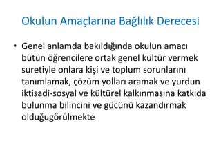 Okulun Amaçlarına Bağlılık Derecesi
• Genel anlamda bakıldığında okulun amacı
bütün öğrencilere ortak genel kültür vermek
suretiyle onlara kişi ve toplum sorunlarını
tanımlamak, çözüm yolları aramak ve yurdun
iktisadi-sosyal ve kültürel kalkınmasına katkıda
bulunma bilincini ve gücünü kazandırmak
olduğugörülmekte
 