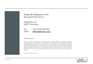 19. Juni 2014 ©
Tisson & Company GmbH  
Managementberatung
!
Zippelhaus 5a
20457 Hamburg
 
Tel +49 40 538 89 868
eMail office@tisson.com
Copyright-Hinweis!
!Dieses von Tisson & Company GmbH erstellte Konzept ist ausschließlich als Entscheidungshilfe für
Unternehmen bzw. Gesellschaften bzw. Auftraggeber im Hinblick auf eine eventuelle Verwertung/
Umsetzung/Beauftragung durch Unternehmen bzw. Gesellschaften bzw. Auftraggeber bestimmt.
Die vollständige oder auch teilweise Bearbeitung, Verwertung, Vervielfältigung und gewerbsmäßige
Verbreitung des Konzepts ist nur mit schriftlichem Einverständnis der Tisson & Company GmbH als
Urheberin zulässig. Die Ausführung ihrer Konzeptionierung ist allein der Tisson & Company GmbH
vorbehalten bzw. darf nur unter aktiver Beteiligung der Tisson & Company GmbH vorgenommen
werden.!
!® Tisson & Company GmbH
11
 