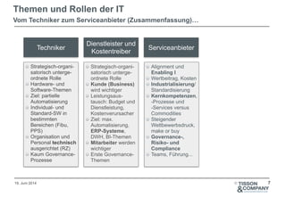 19. Juni 2014 ©
Themen und Rollen der IT
Vom Techniker zum Serviceanbieter (Zusammenfassung)…
7
Techniker
Dienstleister und
Kostentreiber
Serviceanbieter
Strategisch-organi-
satorisch unterge-
ordnete Rolle
Hardware- und
Software-Themen
Ziel: partielle
Automatisierung
Individual- und
Standard-SW in
bestimmten
Bereichen (Fibu,
PPS)
Organisation und
Personal technisch
ausgerichtet (RZ)
Kaum Governance-
Prozesse
Strategisch-organi-
satorisch unterge-
ordnete Rolle
Kunde (Business)
wird wichtiger
Leistungsaus-
tausch: Budget und
Dienstleistung,
Kostenverursacher
Ziel: max.
Automatisierung,
ERP-Systeme,
DWH, BI-Themen
Mitarbeiter werden
wichtiger
Erste Governance-
Themen
Alignment und
Enabling I
Wertbeitrag, Kosten
Industrialisierung/
Standardisierung
Kernkompetenzen,  
-Prozesse und  
-Services versus
Commodities
Steigender
Wettbewerbsdruck,
make or buy
Governance-,
Risiko- und
Compliance
Teams, Führung...
 