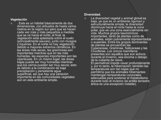 Diversidad. La diversidad vegetal y animal global es baja, ya que es un ambiente riguroso y estructuralmente simple; la diversidad disminuye hacia el norte hasta la zona polar, que es una zona esencialmente sin vida. Muchos grupos taxonómicos importantes, tanto de plantas como de animales, están pobremente representados o ausentes. Entre los grupos dominantes de plantas se encuentran las Cyperaceae, Graminae, Salicaceae y las Cruciferae. Los únicos mamíferos presentes son aquellos que son activos durante el invierno, sea encima o debajo de la cubierta de nieve. El permafrost impide cavar profundamente y, por lo tanto, la hibernación; también las temperaturas son tan bajas que no permitiría que los animales hibernantes mantengan temperaturas corporales adecuadas para sostener el metabolismo durante todo el invierno (la ardilla terrestre ártica es una excepción notable).Vegetación. Este es un hábitat básicamente de dos dimensiones, con arbustos de hasta varios metros en la región sur pero que se hacen cada vez más y más pequeños a medida que se va hacia el norte; al final, la vegetación está aplastada sobre el suelo (principalmente sauces), junto con musgos y líquenes. En el norte no hay vegetación debido a mayores extremos climáticos. En las áreas más secas, las gramíneas son importantes mientras que en las más húmedas, las especies importantes son las ciperáceas. En un mismo lugar, las áreas bajas puede ser muy húmedas mientras que los cerros pueden ser muy secos; esto es debido a la combinación de baja precipitación y persistente agua superficial, así que hay una variación importante en las comunidades vegetales aún en este ambiente simple.