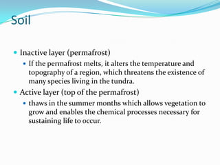 Soil

 Inactive layer (permafrost)
    If the permafrost melts, it alters the temperature and
     topography of a region, which threatens the existence of
     many species living in the tundra.
 Active layer (top of the permafrost)
    thaws in the summer months which allows vegetation to
     grow and enables the chemical processes necessary for
     sustaining life to occur.
 