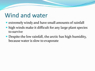 Wind and water
 extremely windy and have small amounts of rainfall
 high winds make it difficult for any large plant species
  to survive
 Despite the low rainfall, the arctic has high humidity,
  because water is slow to evaporate
 