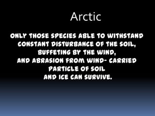 Arctic
Only those species able to withstand
  constant disturbance of the soil,
       buffeting by the wind,
  and abrasion from wind- carried
          particle of soil
         and ice can survive.
 