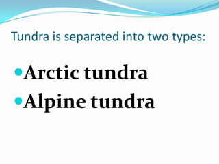 Tundra is separated into two types:

Arctic tundra
Alpine tundra
 
