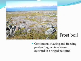 Frost boil
 Continuous thawing and freezing
 pushes fragments of stone
 outward in a ringed patterns
 