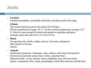 Arctic
 Location
Northern hemisphere, around the north pole, stretching south to the taiga.
 Climate
The summer growing season lasts about 50 to 60 days.
Winter temperatures average -34° C , but the summer temperatures average 3-12°
C, which is warm enough for plants and animals to reproduce and grow.
Average yearly rain and snow is 15 cm to 25 cm.
 Plants
low-growing, low shrubs, sedges, mosses, liverworts, and grasses
400 varieties of flowers
lichens
 Animals
Herbivorous mammals : lemmings, voles, caribou, arctic hares and squirrels
Carnivorous mammals: arctic foxes, wolves, and polar bears
Migratory birds : ravens, falcons, loons, sandpipers, terns and snow birds
Insects : mosquitoes, flies, moths, grasshoppers, black flies and arctic bumble bees
 