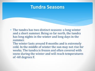  The tundra has two distinct seasons: a long winter
and a short summer. Being so far north, the tundra
has long nights in the winter and long days in the
summer.
The winter lasts around 8 months and is extremely
cold. In the middle of winter the sun may not rise for
weeks. The tundra is frozen and often covered with
snow during the winter and will reach temperatures
of -60 degrees F.
Tundra Seasons
 