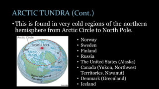 ARCTIC TUNDRA (Cont.)
• This is found in very cold regions of the northern
hemisphere from Arctic Circle to North Pole.
• Norway
• Sweden
• Finland
• Russia
• The United States (Alaska)
• Canada (Yukon, Northwest
Territories, Navanut)
• Denmark (Greenland)
• Iceland
 