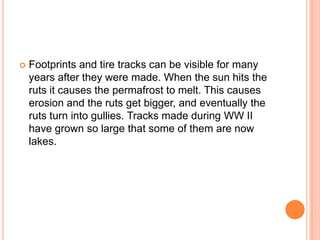    Footprints and tire tracks can be visible for many
    years after they were made. When the sun hits the
    ruts it causes the permafrost to melt. This causes
    erosion and the ruts get bigger, and eventually the
    ruts turn into gullies. Tracks made during WW II
    have grown so large that some of them are now
    lakes.
 