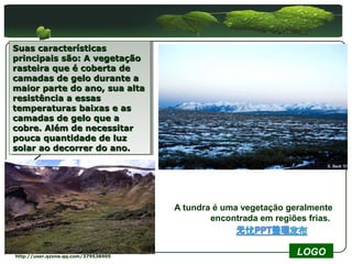 Suas características
 Suas características
principais são: A vegetação
 principais são: A vegetação
rasteira que é coberta de
 rasteira que é coberta de
camadas de gelo durante a
 camadas de gelo durante a
maior parte do ano, sua alta
 maior parte do ano, sua alta
resistência a essas
 resistência a essas
temperaturas baixas e as
 temperaturas baixas e as
camadas de gelo que a
 camadas de gelo que a
cobre. Além de necessitar
 cobre. Além de necessitar
pouca quantidade de luz
 pouca quantidade de luz
solar ao decorrer do ano.
 solar ao decorrer do ano.




                                     A tundra é uma vegetação geralmente
                                             encontrada em regiões frias.



http://user.qzone.qq.com/379538905
                                                                LOGO
 