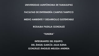 UNIVERSIDAD AUNTÓNOMA DE TAMAULIPAS
FACULTAD DE ENFERMERÍA CAMPUS TAMPICO
MEDIO AMBIENTE Y DESARROLLO SUSTENTABLE
ROSALBA PADILLA GONZALEZ
“TUNDRA”
INTEGRANTES DEL EQUIPO:
DEL ÁNGEL GARCÍA JULIA ELENA
GONZÁLEZ ÁNGELES MELISSA ANDREA
 