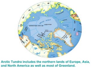 Arctic   Tundra includes the northern lands of Europe, Asia, and North America as well as most of Greenland. 