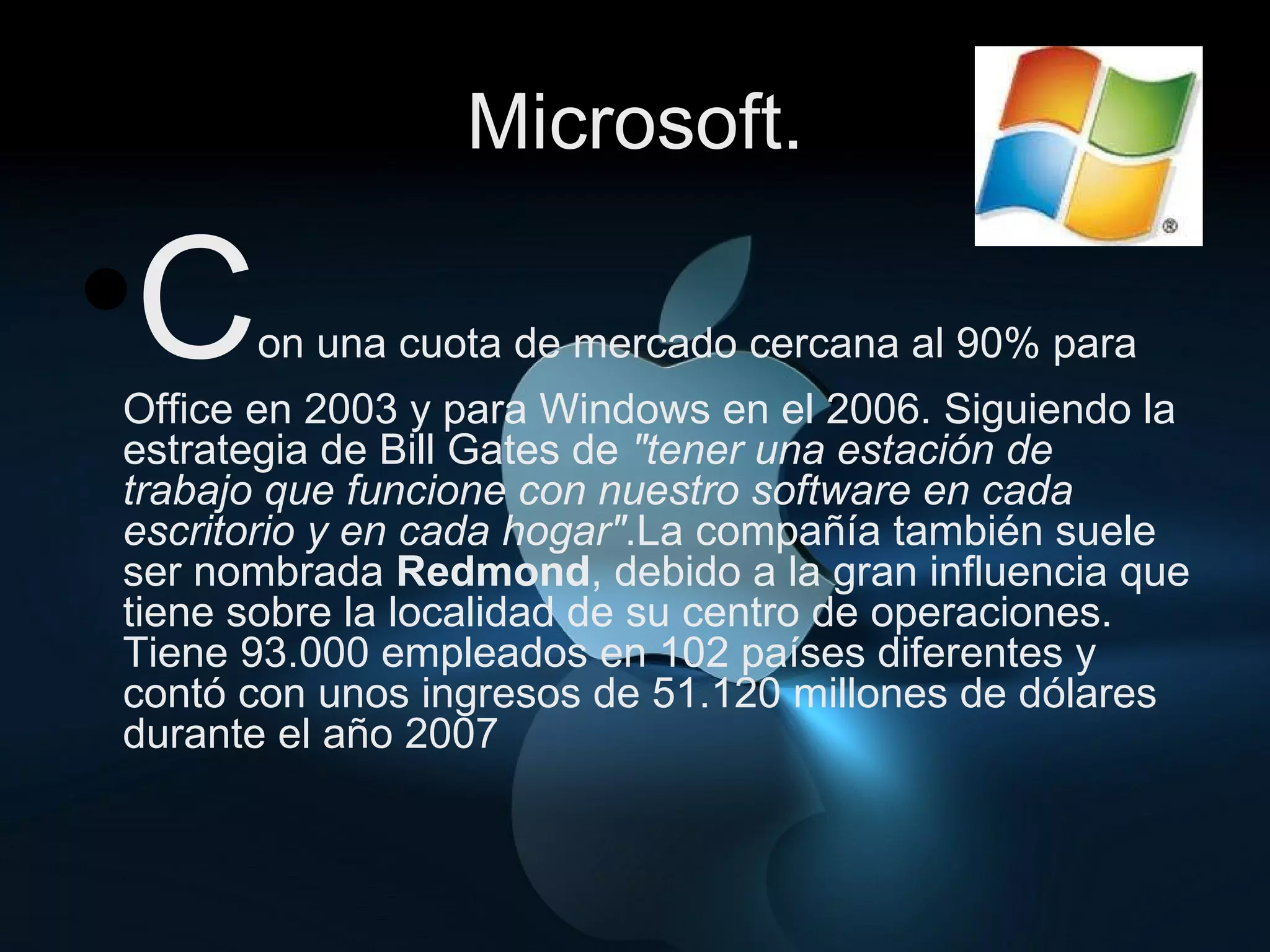 Microsoft. C on una cuota de mercado cercana al 90% para Office en 2003 y para Windows en el 2006. Siguiendo la estrategia de Bill Gates de  "tener una estación de trabajo que funcione con nuestro software en cada escritorio y en cada hogar" .La compañía también suele ser nombrada  Redmond , debido a la gran influencia que tiene sobre la localidad de su centro de operaciones. Tiene 93.000 empleados en 102 países diferentes y contó con unos ingresos de 51.120 millones de dólares durante el año 2007 