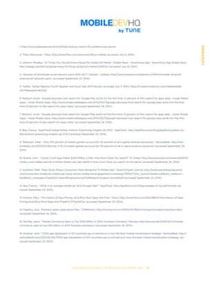 THE COMPLETE GUIDE TO ENTERPRISE APP MARKETING  -  115
CITATIONS
1. http://www.slideshare.net/dmc500hats/startup-metrics-for-pirates-long-version
2. “Fiksu Resources.” Fiksu. http://www.fiksu.com/resources/fiksu-indexes (accessed July 9, 2014).
3. Johnson, Bradley. “10 Things You Should Know About the Global Ad Market | Global News - Advertising Age.” Advertising Age Global News .
http://adage.com/article/global-news/10-things-global-ad-market/245572/ (accessed July 10, 2014).
4. “Number of worldwide social network users 2010-2017 | Statistic.” Statista. http://www.statista.com/statistics/278414/number-of-world-
wide-social-network-users/ (accessed September 23, 2014).
5. Twitter, Twitter Reports Fourth Quarter and Fiscal Year 2013 Results, accessed July 11, 2014, https://investor.twitterinc.com/releasedetail.
cfm?ReleaseID=823321.
6. Reyburn, Scott. “Google discloses how search for Google Play works for the first time; 12 percent of DAU search for apps daily - Inside Mobile
Apps.” Inside Mobile Apps. http://www.insidemobileapps.com/2013/05/17/google-discloses-how-search-for-google-play-works-for-the-first-
time-12-percent-of-dau-search-for-apps-daily/ (accessed September 24, 2014).
7. Reyburn, Scott. “Google discloses how search for Google Play works for the first time; 12 percent of DAU search for apps daily - Inside Mobile
Apps.” Inside Mobile Apps. http://www.insidemobileapps.com/2013/05/17/google-discloses-how-search-for-google-play-works-for-the-first-
time-12-percent-of-dau-search-for-apps-daily/ (accessed September 24, 2014).
8. Bea, Francis. “AppFlood Global Mobile Android Advertising Insights Q2 2014.” AppFlood . http://appflood.com/blog/appflood-global-mo-
bile-android-advertising-insights-q2-2014 (accessed September 24, 2014).
9. Takahashi, Dean. “Only 0.15 percent of mobile gamers account for 50 percent of all in-game revenue (exclusive).” VentureBeat. http://ven-
turebeat.com/2014/02/26/only-0-15-of-mobile-gamers-account-for-50-percent-of-all-in-game-revenue-exclusive/ (accessed September 24,
2014).
10. Boone, John . “Candy Crush App Makes $230 Million a Year: How Much Have You Spent?.” E! Online. http://www.eonline.com/news/454970/
candy-crush-makes-almost-a-million-dollars-per-day-admit-it-how-much-have-you-spent-on-the-game (accessed September 24, 2014).
11. Southern, Matt. “New Study Shows Consumers More Receptive To Mobile Ads.” Search Engine Journal. http://www.searchenginejournal.
com/consumers-receptive-mobile-ads-study-shows-mobile-ad-engagement-increasing/113003/?utm_source=feedburner&utm_medium=-
feed&utm_campaign=Feed%3A+SearchEngineJournal+%28Search+Engine+Journal%29 (accessed September 24, 2014).
12. Bea, Francis . “What is an average mobile ad click-through rate?.” AppFlood. http://appflood.com/blog/average-ctr-by-ad-formats (ac-
cessed September 24, 2014).
13. Gordon, Mary. “The History of App Pricing, And Why Most Apps Are Free.” Flurry. http://www.flurry.com/bid/99013/The-History-of-App-
Pricing-And-Why-Most-Apps-Are-Free#.VCM7jytdWDp (accessed September 24, 2014).
14. Pagliery, Jose. “Pandora raises subscription fees.” CNNMoney. http://money.cnn.com/2014/03/19/technology/innovation/pandora-fees/
(accessed September 24, 2014).
15. Del Rey, Jason. “Mobile Commerce Sales to Top $100 Billion in 2014, Forrester Estimates.” Recode. http://recode.net/2014/05/12/mobile-
commerce-sales-to-top-100-billion-in-2014-forrester-estimates/ (accessed September 24, 2014).
16. Koetsier, John. “7,000 app developers in 127 countries say e-commerce is now the best mobile monetization strategy.” VentureBeat. http://
venturebeat.com/2014/02/06/7000-app-developers-in-127-countries-say-e-commerce-is-now-the-best-mobile-monetization-strategy/ (ac-
cessed September 24, 2014).
 