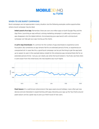 THE COMPLETE GUIDE TO ENTERPRISE APP MARKETING  -  18
SECTION1:Part1,Chapter2
WHEN TO USE BURST CAMPAIGNS
Burst campaigns are not appropriate in every situation, but the following examples outline opportunities
where a burst campaign may be ideal:
	
Initial Launch of an App: Remember, there are over one million apps on both Google Play and the
App Store. Launching an app without a strong marketing campaign is a safe way to ensure your
app disappears into the digital oblivion. Accompanying your app launch with a strong burst
campaign can help get your app moving up the charts.
A Lull in App Downloads: It’s common for the number of app downloads to experience some
fluctuation. But sometimes an app remains flat for an extended period of time, or experiences an
unexpected lull. In cases like this, a good burst campaign can be just the thing to get the app back
up to speed. As seen in the example below, installs for this enterprise app remained fairly flat for an
extended period of time - but you can clearly see when the burst kicked in. You’ll also see that when
it came down from the initial boost, the new baseline was much higher.
Peak Season: It’s a well-known phenomenon that apps peak around holidays. Users often get new
devices and are interested in experimenting with apps. Boosting your app up the Top Charts around
peak season can be a great way to pick up a fresh round of new users.
NOV
50K
100K
DEC JAN FEB MAR
150K
Installs
 
