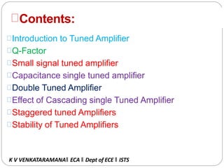 Contents:
Introduction to Tuned Amplifier
Q-Factor
Small signal tuned amplifier
Capacitance single tuned amplifier
Double Tuned Amplifier
Effect of Cascading single Tuned Amplifier
Staggered tuned Amplifiers
Stability of Tuned Amplifiers
K V VENKATARAMANA‖ ECA ‖ Dept of ECE ‖ ISTS
 