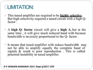 LIMITATION:
• This tuned amplifier are required to be highly selective.
But high selectivity required a tuned circuit with a high Q-
factor .
• A high Q- factor circuit will give a high Av but at the
same time , it will give much reduced band with because
bandwidth is inversely proportional to the Q- factor .
• It means that tuned amplifier with reduce bandwidth may
not be able to amplify equally the complete band of
signals & result is poor reproduction . This is called
potential instability in tuned amplifier.
K V VENKATA RAMANA‖ ECA ‖ Dept of ECE ‖ ISTS
 