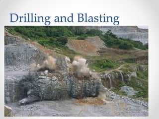 Drilling and Blasting
• Adequado a escavação em rochas
• Custo reduzido em relação aos TBMs
• Aceita diversidade geométrica
• Ciclo: perfuração, carregamento com explosivos,
tratamento
• do maciço e suporte
• Emissão de ruído, fumaça, poeira e vibrações
• Baixa produtividade: 0,1 a 1 m/dia
• Necessidade de mão de obra altamente especializada
(blasters
• não são peões)
• Sequência semelhante ao NATM
 