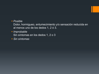  Posible
  Dolor, hormigueo, entumecimiento y/o sensación reducida en
  al menos uno de los dedos 1, 2 ó 3.
 Improbable
  Sin síntomas en los dedos 1, 2 o 3
 Sin síntomas
 