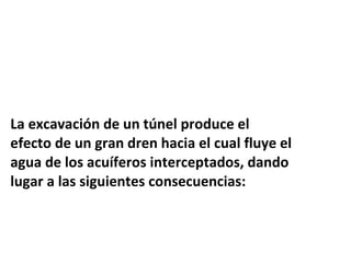 La excavación de un túnel produce el  efecto de un gran dren hacia el cual fluye el  agua de los acuíferos interceptados, dando  lugar a las siguientes consecuencias: 