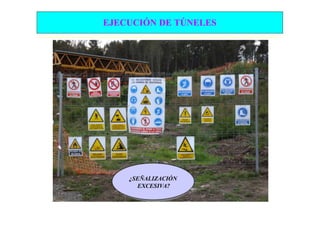 EJECUCIÓN DE TÚNELES

                      IMPERMEABILIZACIÓN




                                                 Carga
     Perforación


                                CICLO
    Replanteo                     DE             Voladura
                             PERFORACIÓN
                                  Y
                              VOLADURA
Sostenimiento                                     Ventilación


                           ¿SEÑALIZACIÓN
                             EXCESIVA?
      Proyección de                          Desescombro
      hormigón
                                Saneo
 