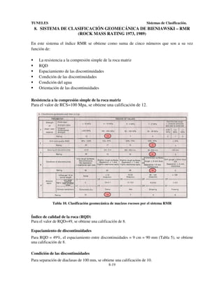 TUNELES

Sistemas de Clasificación.

8. SISTEMA DE CLASIFICACIÓN GEOMECÁNICA DE BIENIAWSKI – RMR
(ROCK MASS RATING 1973, 1989)
En este sistema el índice RMR se obtiene como suma de cinco números que son a su vez
función de:
La resistencia a la compresión simple de la roca matriz
RQD
Espaciamiento de las discontinuidades
Condición de las discontinuidades
Condición del agua
Orientación de las discontinuidades
Resistencia a la compresión simple de la roca matriz

Para el valor de RCS=100 Mpa, se obtiene una calificación de 12.

Tabla 10. Clasificación geomecánica de macizos rocosos por el sistema RMR

Índice de calidad de la roca (RQD)
Para el valor de RQD=49, se obtiene una calificación de 8.
Espaciamiento de discontinuidades
Para RQD = 49%, el espaciamiento entre discontinuidades = 9 cm = 90 mm (Tabla 5), se obtiene
una calificación de 8.
Condición de las discontinuidades
Para separación de diaclasas de 100 mm, se obtiene una calificación de 10.
8-19

 