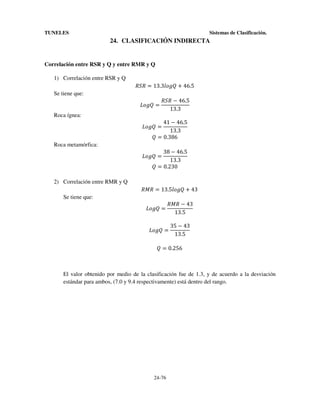 TUNELES

Sistemas de Clasificación.

24. CLASIFICACIÓN INDIRECTA

Correlación entre RSR y Q y entre RMR y Q
1) Correlación entre RSR y Q
Se tiene que:

$,$ = 13.3@ID% 8 46.5
oID% =

Roca ígnea:

$,$ − 46.5
13.3

41 − 46.5
13.3
% = 0.386

oID% =
Roca metamórfica:

38 − 46.5
13.3
% = 0.230

oID% =

2) Correlación entre RMR y Q
Se tiene que:

$1$ = 13.5@ID% 8 43
oID% =

$1$ − 43
13.5

oID% =

35 − 43
13.5

% = 0.256

El valor obtenido por medio de la clasificación fue de 1.3, y de acuerdo a la desviación
estándar para ambos, (7.0 y 9.4 respectivamente) está dentro del rango.

24-76

 