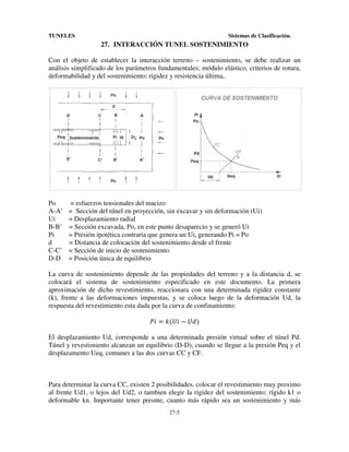 TUNELES

Sistemas de Clasificación.

27. INTERACCIÓN TUNEL SOSTENIMIENTO
Con el objeto de establecer la interacción terreno – sostenimiento, se debe realizar un
análisis simplificado de los parámetros fundamentales; módulo elástico, criterios de rotura,
deformabilidad y del sostenimiento; rigidez y resistencia última,

Po
A-A’
Ui
B-B’
Pi
d
C-C’
D-D

= esfuerzos tensionales del macizo
= Sección del túnel en proyección, sin excavar y sin deformación (Ui)
= Desplazamiento radial
= Sección excavada, Po, en este punto desaparecio y se generó Ui
= Presión ipotética contraria que genera un Ui, generando Pi = Po
= Distancia de colocación del sostenimiento desde el frente
= Sección de inicio de sostenimiento
= Posición única de equilibrio

La curva de sostenimiento depende de las propiedades del terreno y a la distancia d, se
colocará el sistema de sostenimiento especificado en este documento. La primera
aproximación de dicho revestimiento, reaccionara con una determinada rigidez constante
(k), frente a las deformaciones impuestas, y se coloca luego de la deformación Ud, la
respuesta del revestimiento esta dada por la curva de confinamiento:

PA = M-‚A − ‚?.
El desplazamiento Ud, corresponde a una determinada presión virtual sobre el túnel Pd.
Túnel y revestimiento alcanzan un equilibrio (D-D), cuando se llegue a la presión Peq y el
desplazamento Ueq, comunes a las dos curvas CC y CF.

Para determinar la curva CC, existen 2 posibilidades, colocar el revestimiento muy proximo
al frente Ud1, o lejos del Ud2, o tambien elegir la rigidez del sostenimiento; rígido k1 o
deformable kn. Importante tener presnte, cuanto más rápido sea un sostenimiento y más
27-5

 