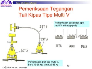 Tune Up Mesin Bensin

Pemeriksaan Tegangan
Tali Kipas Tipe Multi V
Pemeriksaan posisi Belt tipe
multi V terhadap pully

Pemeriksaan Belt tipe multi V.
Baru 45-55 kg, lama 20-35 kg
Cak Sol 86 HP: 081 64221 868

10

 